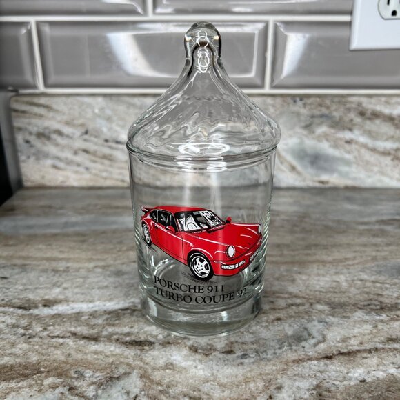 Vintage Porsche 911 Turbo Coupe 92  Apothecary Glass Jar w/Lid Decorative Candy - Picture 1 of 6